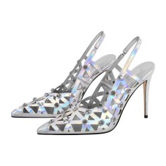 Pointed Toe Stiletto Heels Rhinestones Sexy Slingback Pumps - Silver Patent