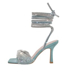 Square Open Toe High Heels Gladiator Lace Up Rhinestones Sandals - Skyblue Patent