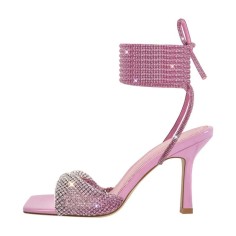 Square Open Toe High Heels Gladiator Lace Up Rhinestones Sandals - Pink Patent