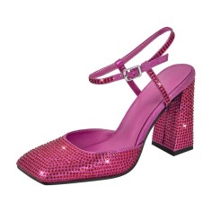 Square Toe Rhinestones Ankle Buckle Straps Chunky Heels Sandals - HotPink Faux Leather