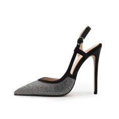 Pointed Toe Ankle Buckle Straps Stiletto Heels Sequins Glitters Sandals Pumps - Black Sequined Cloth