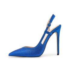 Pointed Toe Ankle Buckle Straps Stiletto Heels Sequins Glitters Sandals Pumps - Blue Sequined Cloth