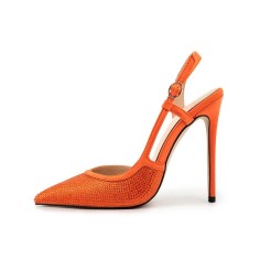 Pointed Toe Ankle Buckle Straps Stiletto Heels Sequins Glitters Sandals Pumps - Orange Sequined Cloth