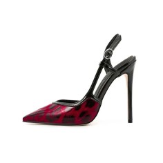 Pointed Toe Ankle Buckle Straps Stiletto Heels Leopard Sandals Pumps - Red Patent