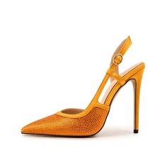 Pointed Toe Ankle Buckle Straps Stiletto Heels Sequins Glitters Sandals Pumps - Yellow Sequined Cloth
