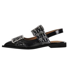 Pointed Toe Slingback Buckle Straps Retro Comfortable Flats Shoes - Black Patent