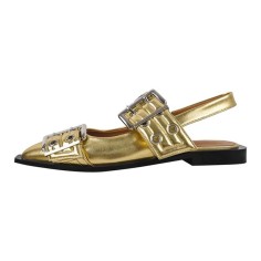 Pointed Toe Slingback Buckle Straps Retro Comfortable Flats Shoes - Gold Patent