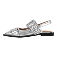 Pointed Toe Slingback Buckle Straps Retro Comfortable Flats Shoes - Silver Patent
