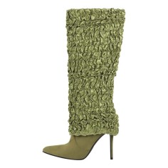 Stiletto Heels Pointed Toe Knee High Pleated Fold Over Booties - Green Flock
