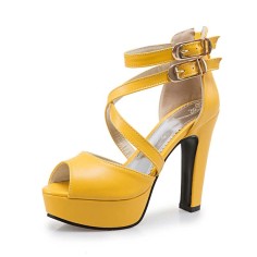 Fish Mouth Platforms Cuban Heels Ankle Buckle Cross Straps Summer Sandals - Yellow Faux Leather