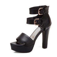 Peep Toe Platforms Cuban Heels Ankle Buckle Double Straps Summer Sandals - Black Faux Leather