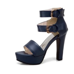 Peep Toe Platforms Cuban Heels Ankle Buckle Double Straps Summer Sandals - Blue Faux Leather