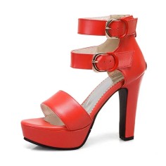 Peep Toe Platforms Cuban Heels Ankle Buckle Double Straps Summer Sandals - Red Faux Leather
