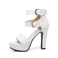 Peep Toe Platforms Cuban Heels Ankle Buckle Double Straps Summer Sandals - White Faux Leather