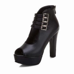 Fish Mouth Platforms Cuban Heels Buckle Straps Zipper Summer Ankle Highs Booties - Black Faux Leather