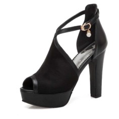 Fish Mouth Platforms Cuban Heels Ankle Buckle Cross Straps Summer Sandals - Black Flock