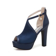 Fish Mouth Platforms Cuban Heels Ankle Buckle Cross Straps Summer Sandals - Blue Flock