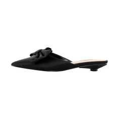 Pointed Toe Bow Decorated Mules Slippers Flats - Black Satin