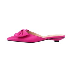 Pointed Toe Bow Decorated Mules Slippers Flats - Black HotPink