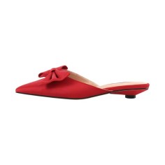 Pointed Toe Bow Decorated Mules Slippers Flats - Red Satin
