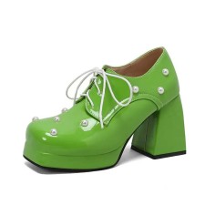 Round Toe Chunky Heels Faux Pearl Beads Decorated Lace Up Low Platforms Loafers Pumps - Green Patent