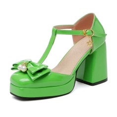 Square Toe Bowtied Mary Janes Chunky Heels Low Platforms Pumps - Green Patent