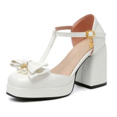 Square Toe Bowtied Mary Janes Chunky Heels Low Platforms Pumps - White Patent