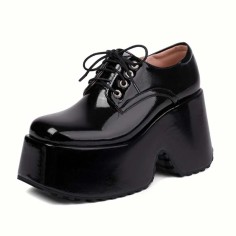Square Toe Lace Up Platforms Gothic Punk Creepers Half Wedges Loafers - Black Patent