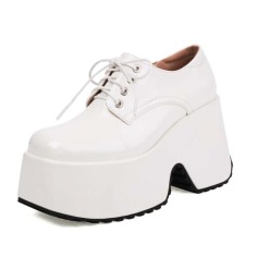 Square Toe Lace Up Platforms Gothic Punk Creepers Half Wedges Loafers - White Patent
