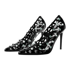 Pointed Toe Stiletto Heels Rhinestones Sexy Hollow Pumps - Black Patent