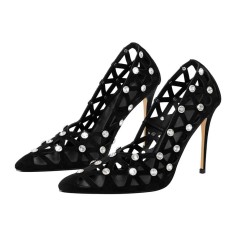 Pointed Toe Stiletto Heels Rhinestones Sexy Hollow Pumps - Black Flock