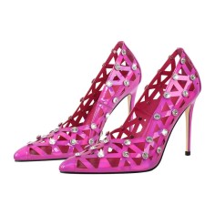 Pointed Toe Stiletto Heels Rhinestones Sexy Hollow Pumps - HotPink Patent