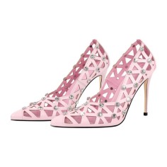 Pointed Toe Stiletto Heels Rhinestones Sexy Hollow Pumps - Pink Faux Leather