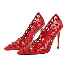 Pointed Toe Stiletto Heels Rhinestones Sexy Hollow Pumps - Red Patent