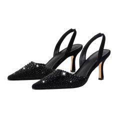 Pointed Toe Rhinestones Kitten Heels Slingback Sandals - Black Sequined Cloth