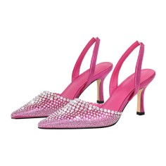 Pointed Toe Rhinestones Kitten Heels Slingback Sandals - HotPink Sequined Cloth