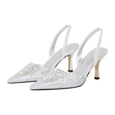 Pointed Toe Rhinestones Kitten Heels Slingback Sandals - White Sequined Cloth