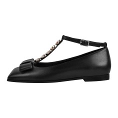 Square Toe Ankle Buckle Crystal T Straps Retro Ribbon Shoes - Black Faux Leather