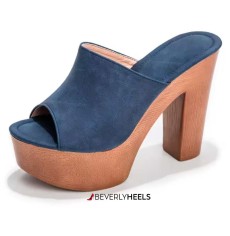 Square Heel Wood Grain Platform Slippers - Blue Flock