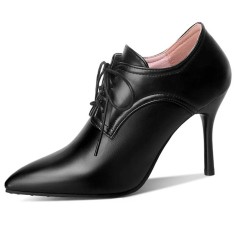 Pointed Toe Stiletto Heels Lace Up Vintage Loafers Shorts Booties - Black Faux Leather
