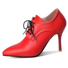 Pointed Toe Stiletto Heels Lace Up Vintage Loafers Shorts Booties - Red Faux Leather