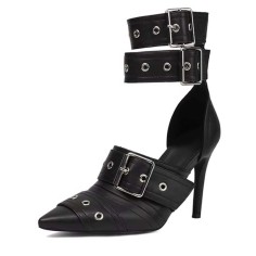 Pointed Toe Stiletto Heels Double Row Metal Belt Buckle Straps Pumps - Black Faux Leather