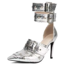 Pointed Toe Stiletto Heels Double Row Metal Belt Buckle Straps Pumps - Silver Faux Leather