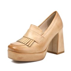 Round Toe Tassel  Chunky Heels Low Platforms College Style Loafers Pumps - Apricot Faux Leather