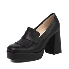 Round Toe Tassel  Chunky Heels Low Platforms College Style Loafers Pumps - Black Faux Leather