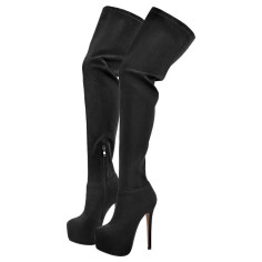 Round Toe Stiletto Heels Over The Knees Thigh Highs Platforms Booties - Black Flock