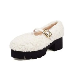 Round Toe Mary Janes Chunky Heels Platforms Fluffy Pumps - White Plush Wool