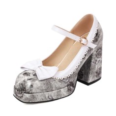 Square Toe Bowtied Mary Janes Chunky Heels Low Platforms Flower Print Pumps - Black Patent