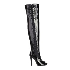 Peep Toe Stiletto Heels Crosstied Lace Up Over The Knees Thigh High Side Zipper Booties - Black Patent