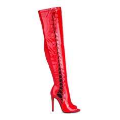 Peep Toe Stiletto Heels Crosstied Lace Up Over The Knees Thigh High Side Zipper Booties - Red Patent